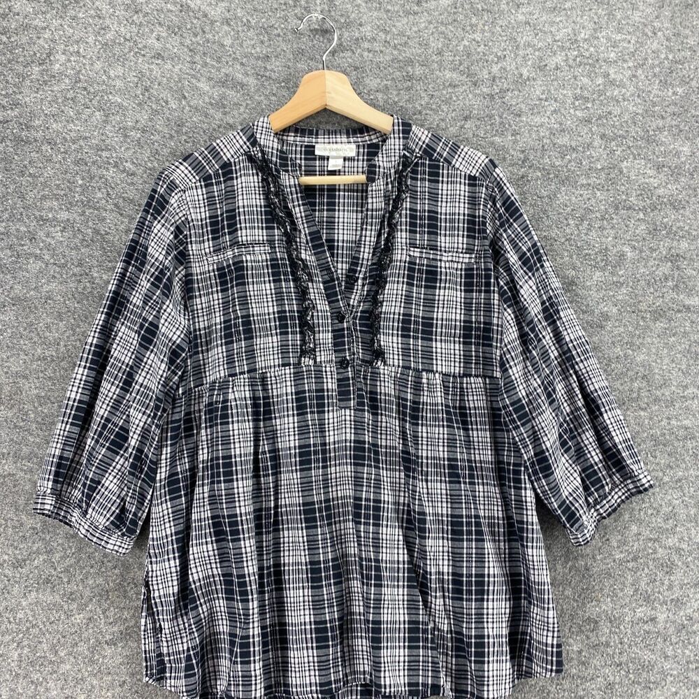 Dressbarn Blouse Women L Large Black Plaid V-Neck 1/2 Button 3/4 Sleeve Casual - Picture 3 of 8